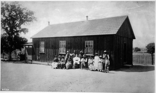 Pechanga Indian School, about 1890. Mrs. Platt, teacher who was killed by the Indians and the school burned