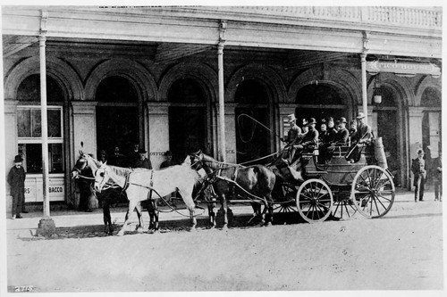 Stage coach at Pico House. approximately 1884