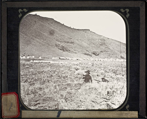 Two soldiers at a United States Army camp during Modoc Indian War, 1872-73