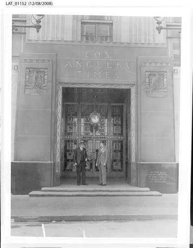 Harry Chandler and Norman Chandler in the entranceway to the "Globe" Lobby of The Times (film negative)