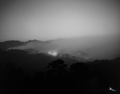 Night photograph of a forest fire in the west fork of the San Gabriel River