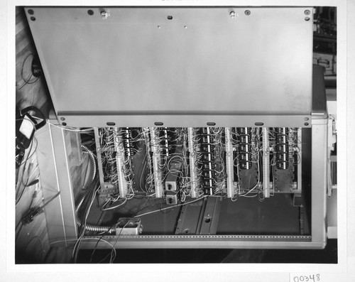 Rear of the new 60-inch telescope control desk, showing partially completed wiring, Mount Wilson Observatory