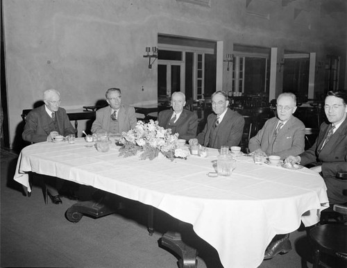 Harold Babcock's retirement dinner: Arthur King, Ira Sprague Bowen, Walter Adams, Harold Babcock, Frederick Seares and Horace Babcock