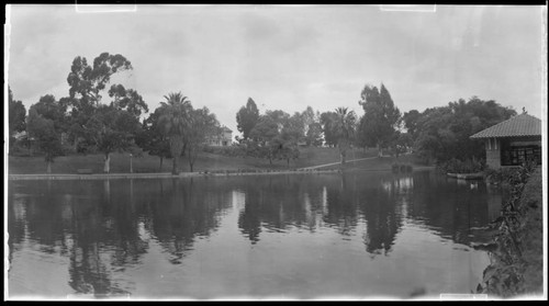 Lake and boathouse, Hollenbeck Park, Los Angeles. December 1, 1922