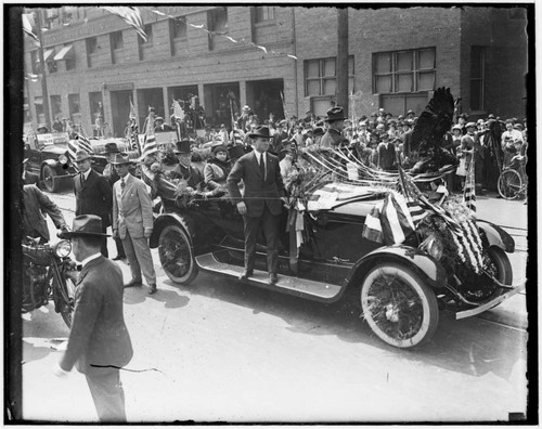 President Woodrow Wilson in car during a parade in Los Angeles, California