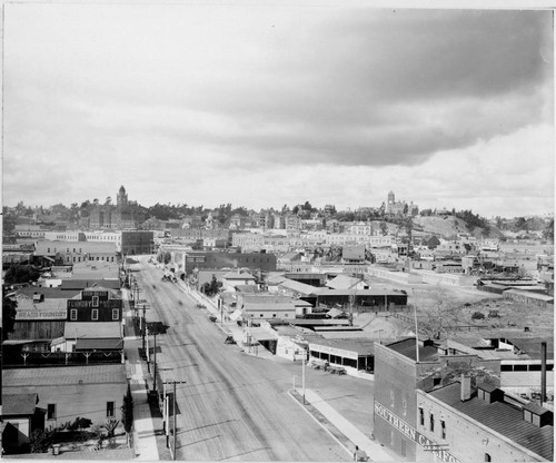 Los Angeles skyline from Aliso Street, Bellmore (?) looking West