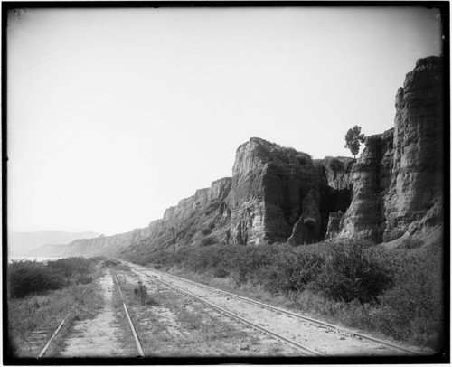 Railroad tracks and bluff along Santa Monica beach, California