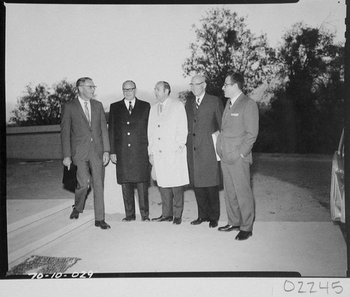 Five men posed outside of Palomar Observatory for the dedication of the 60-inch telescope