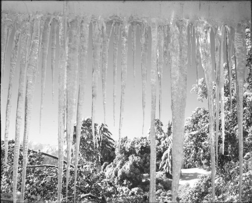 Icicles hanging from a roof overhang on a building on Mount Wilson