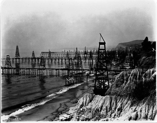 Oil wells in ocean at Summerland, Calif