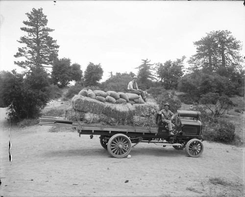 Truck on Mount Wilson, with load of lumber and hay