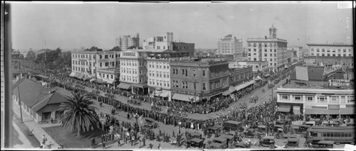 Armistice Day parade, Boy Scouts and automobiles, Long Beach. November 11, 1922