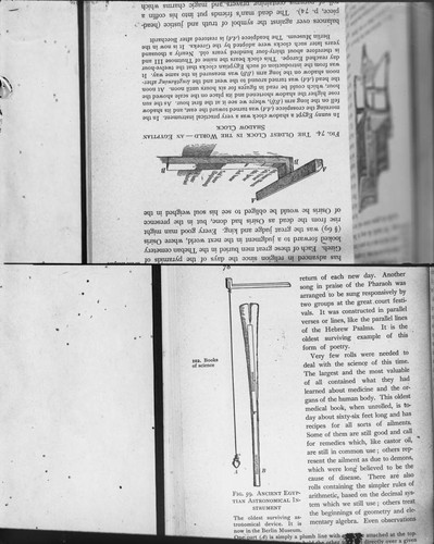 Photograph of book illustrations of ancient Egyptian astronomical instruments and a shadow clock