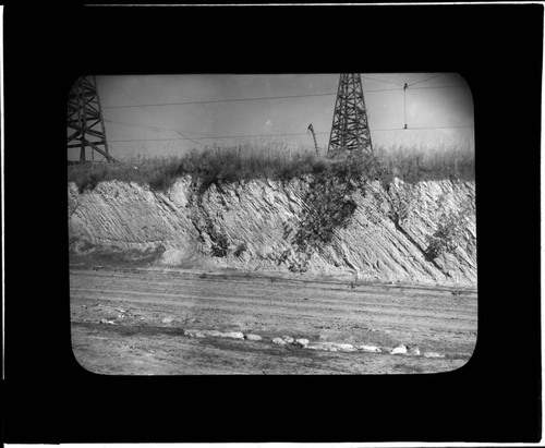 Thin to medium-bedded sandstone (oil bearing), looking northwest on Bellevue Avenue, north of Victor Street, Los Angeles, California