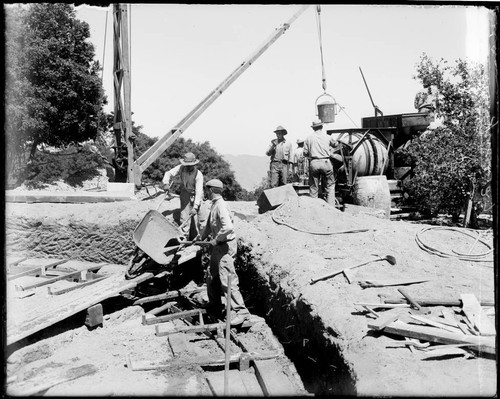 Construction of the foundation for a large water reservoir, Mount Wilson