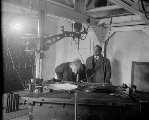 Albert Einstein and Walther Mayer at the focus of the 150-foot tower telescope, Mount Wilson Observatory