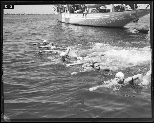 Swimmers in the water at the Yacht Harbor breakwater dedication, Santa Monica