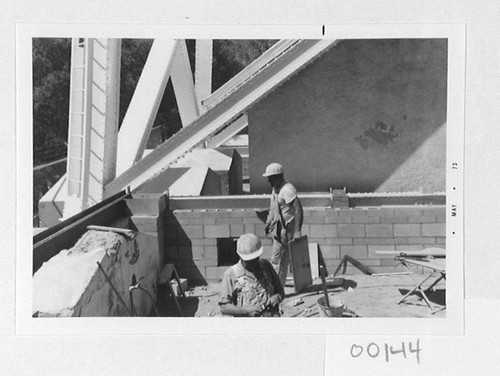 Construction of a computer room addition at the base of the 150-foot tower telescope, Mount Wilson Observatory