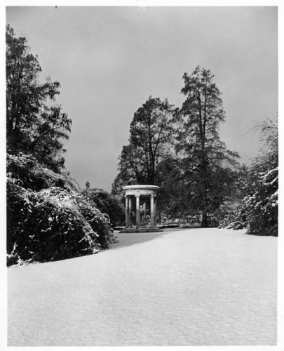 Greek temple on the Huntington grounds after snowfall, January 11, 1949