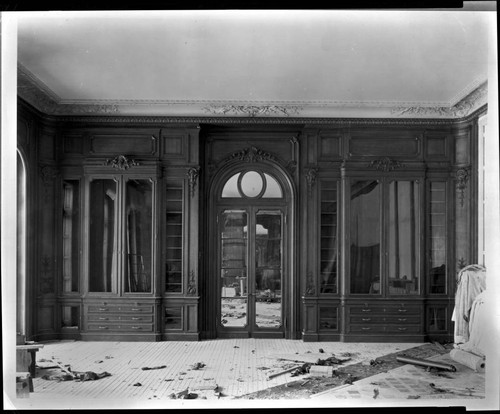 West end of the library of the Huntington residence while under construction, circa 1910