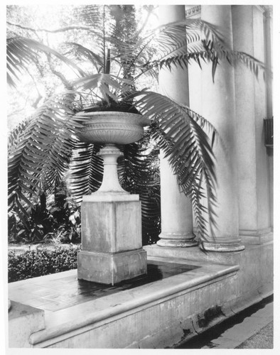 Decorative urn on loggia of Huntington residence