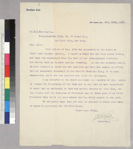 Jonathan Club letter to Henry E. Huntington, February 16, 1905
