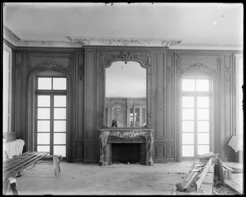 Southeast end of the library of the Huntington residence under construction, circa 1910