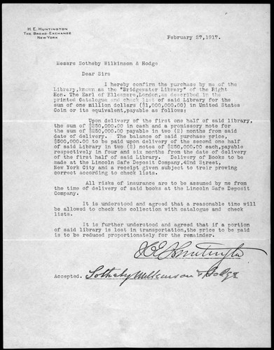 Henry E. Huntington letter to Sotheby, Wilkinson & Hodge regarding the purchase of the Bridgewater Library, February 27 1917