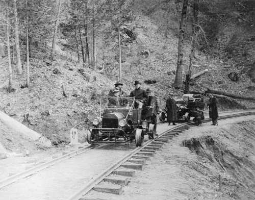 Henry E. Huntington inspecting track at Big Creek, April 7 1914