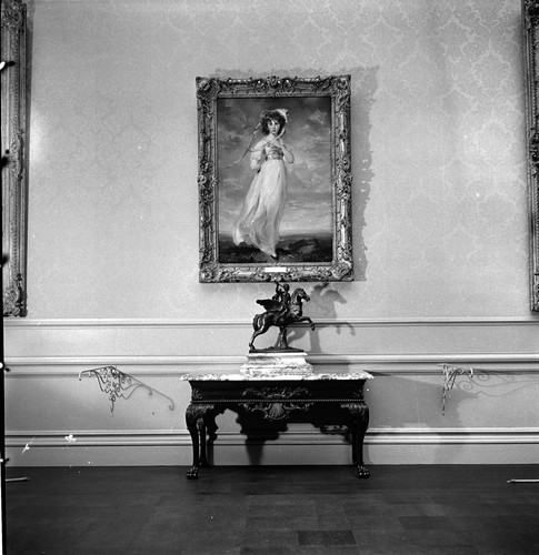 Portrait of Sarah Goodin Barrett Moulton ("Pinkie") above a Georgian table and bronze sculpture