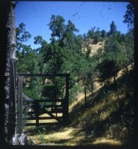 Wooden gate across grassy trail in foothills