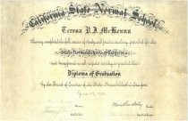 California State Normal School Diploma for Teresa D. J. McKenna