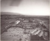 Aerial view of Santa Clara County Fairgrounds looking west