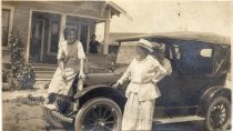 Velma Bernal on car at Gregory Street, San Jose