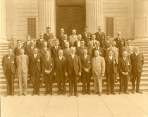 Portrait of men on steps of Scottish Rite Temple, San Jose, California