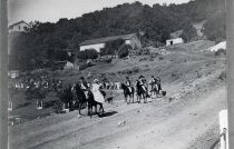 New Almaden scene. Uniformed group on horsebck