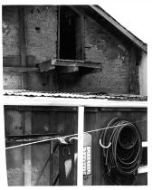 Exterior of Peralta Adobe showing second story entrance, at north wall