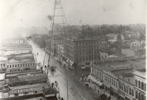 Aerial view of the electric light tower and street trolley