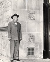 Lee de Forest next to Faraday plaque