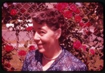 "Margaret & climbing red roses, Rose Garden Spring 1957"