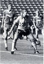 LA Aztec Luis Fernando with San Jose Earthquakes Tony Powell and Gary Etherington looking on