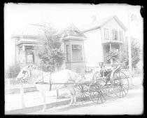 Dog in horse-drawn carriage in front of Victorian home