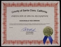 County of Santa Clara Certificate of Special Recognition
