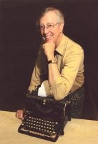 Portrait of Leigh Weimers with typewriter