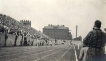 Stanford University athletes competing in the hurdle event