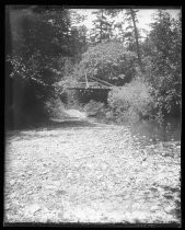 Triangular wooden bridge over stream, in woods