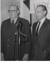 Douglas M. Perham and Eric Lidow, at Cavalcade of Electronics exhibit, International Rectifier Corporation, Statler Hotel, Los Angeles, March 1957