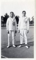 Stanford University tennis team players, posing with racquets