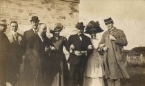 Valdemar Poulsen, I. Petersen and Mrs. C. F. Elwell outside Telegraphone Factory, Copenhagen