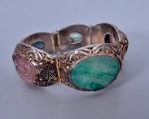 Silver, jade, and glass bracelet